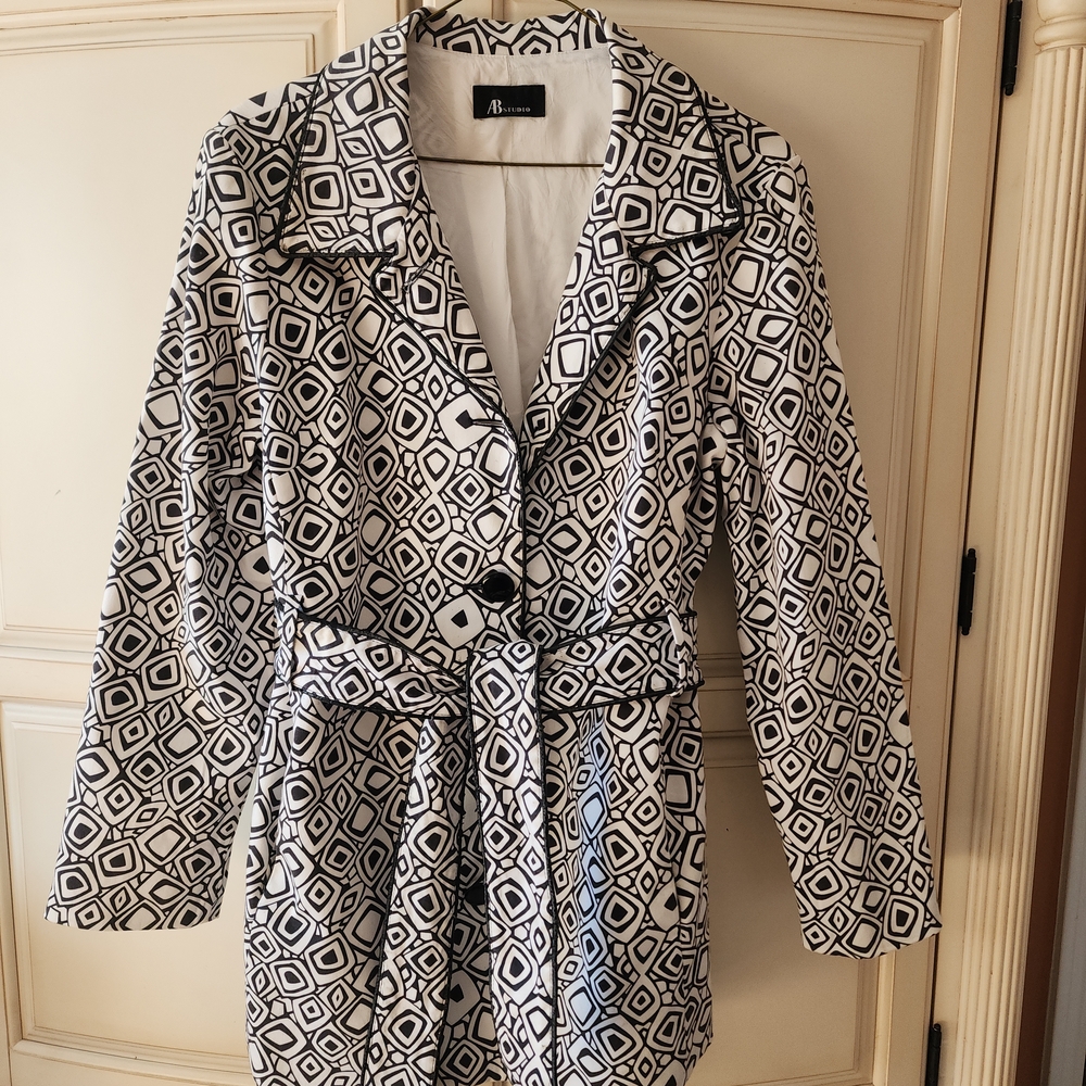 AB Studio Black and White Geometric Trench Coat